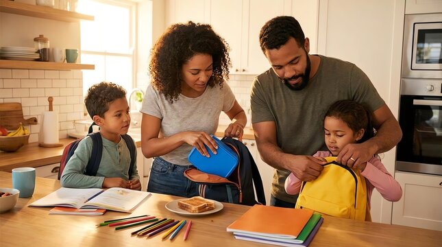 Family preparing for school: parents helping kids with backpacks and homework in kitchen