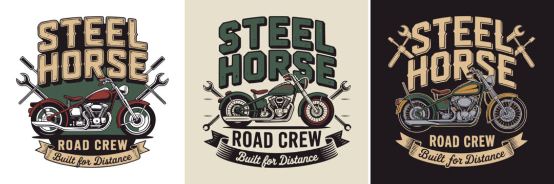 Vintage motorcycle emblem set. Retro biker club badge design with custom typography.