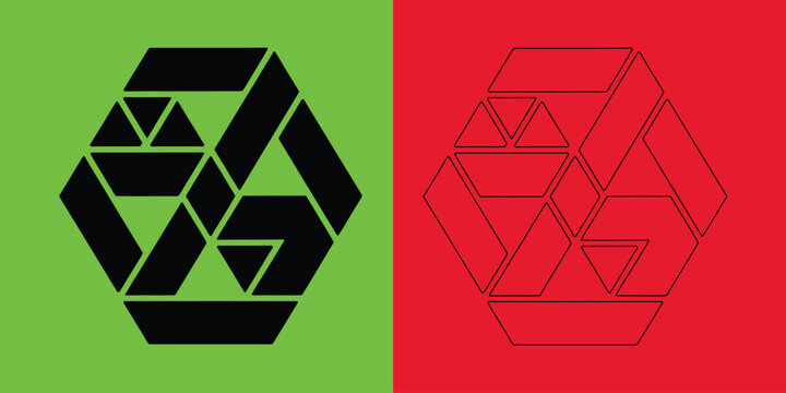 Geometric hexagon symbol featuring interlocking triangular shapes in solid black and thin outline styles on split