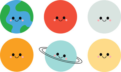 Cute planet character collection, smiling solar system icons for education, astronomy and children's illustrations  © Sume