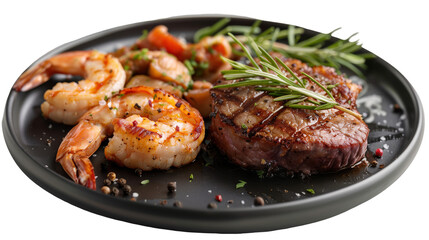 Fototapeta premium Grilled chicken skewers with herbs on black plate isolated on transparent background