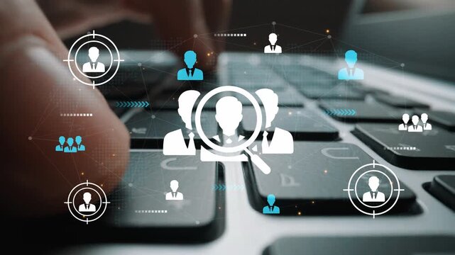 Abstract representation of digital search for professional profiles and online networking with keyboard and user icons in a modern workspace environment. Entropy.