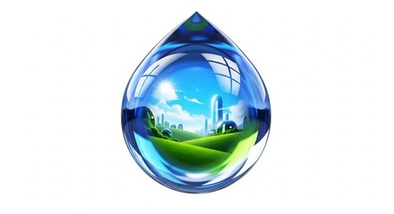 Obraz premium 透明に輝く貴重な一滴の水に宿る未来都市のビジョン 澄み切った青空の下 緑豊かな大地に立つ近代的なビル群が調和し 環境と共生する持続可能な地球を象徴する美しい光景 豊かな光が差す. AI Generated
