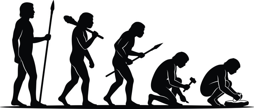 Human evolution silhouettes, prehistoric ancestors developing tools and weapons, ancient primitive humans, anthropological history concept, isolated on white