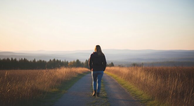 夕日に照らされ黄金色に輝く道 広大な草地の真ん中をゆっくりと歩く女性の後ろ姿 穏やかな旅路の始まりを感じさせる情景. AI Generated