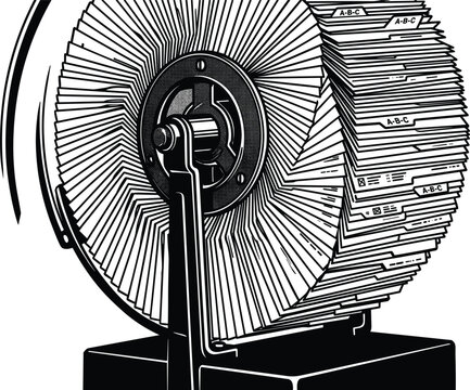 Vintage desktop rotary card file rolodex index organizer wheel filled with alphabetical tabbed document dividers vector sketch