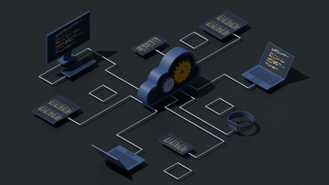 3D isometric cloud technology computing animation. Isometric network with computer, laptop, tablet, and smartphone. Isometric technology. 4K video animated in isometric style