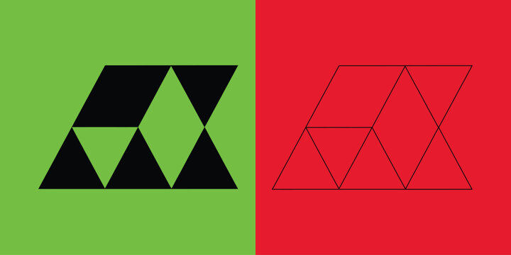 Geometric trapezoid pattern with triangular segments in solid black and outline styles on green and red backgrounds