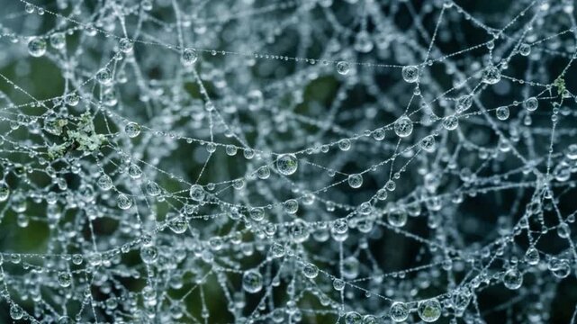 Glistening dewdrops cling to intricate spiderwebs in a natural, outdoor setting, showcasing delicate beauty.