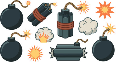 Cartoon Bomb and Dynamite Collection with Explosive Devices, Burning Fuses, Blast Effects, and Detonation Icons Vector Illustration Set © Anowara