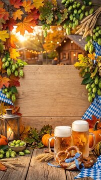 Oktoberfest Bavaria autumn design featuring seasonal leaves and beer mugs
