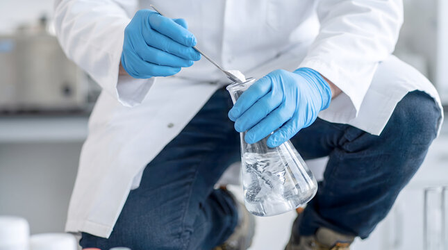 Laboratory researcher inspecting bio control chemical mixture inside transparent flask