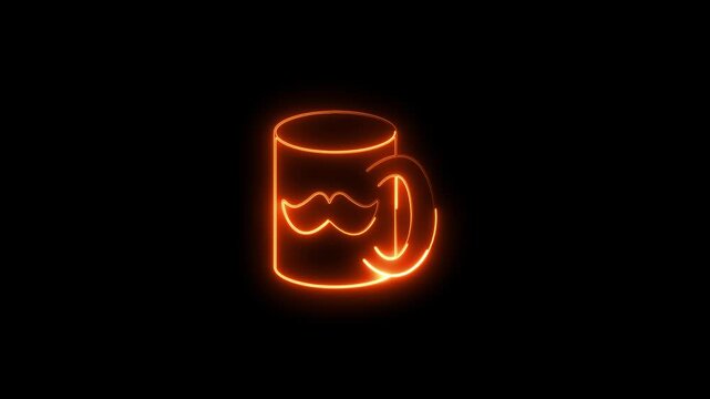 A vibrant orange neon outline of a coffee mug featuring a prominent mustache on its front against a deep black background symbolizing morning coffee or fatherly themes