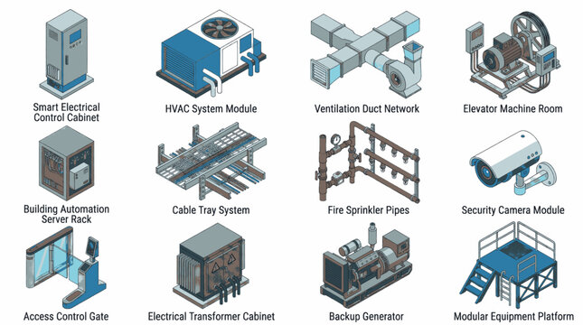 Set of isometric industrial and building automation equipment icons for smart facility management.