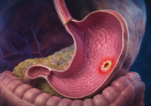 AI generated detailed stomach anatomy highlighting gastric ulcer inflamed tissue for medical education healthcare gastroenterology clinical diagnosis biomedical research