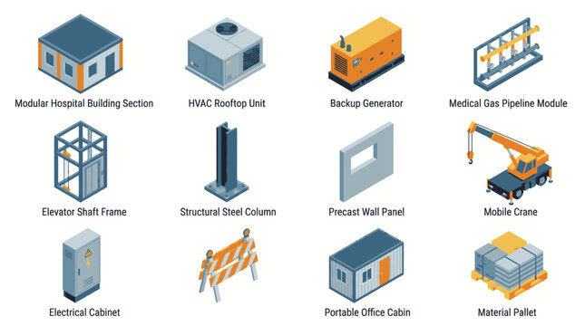 Set of isometric construction and industrial building site equipment icons.