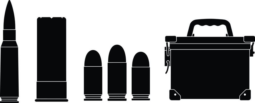 Ammunition and Military Ammo Can Silhouette Icons Set with Bullets Shotgun Shell Vectors