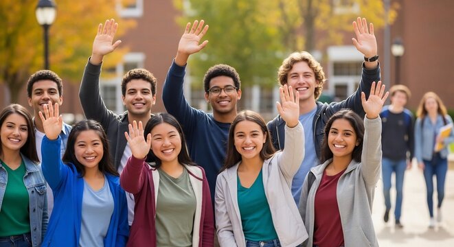 喜びと希望に満ちた多様な学生グループが満面の笑顔で親しげに手を振る色鮮やかな秋の木々が立ち並ぶ広々とした大学構内で暖かく降り注ぐ太陽の光が彼らを包み込む新しい学園生活の始まりを象徴する明るく前向きな風景. AI Generated