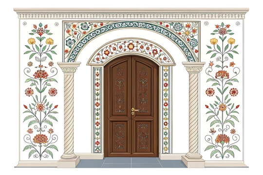 Decorative heritage doorway with floral borders, clean vector illustration, white background