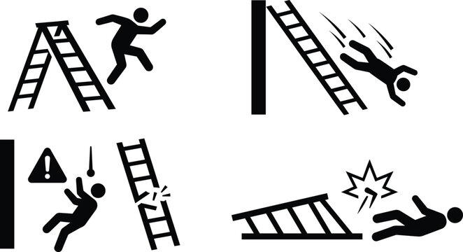 Ladder Fall Accident and Workplace Hazard Safety Silhouette Icons Set for Construction Manuals