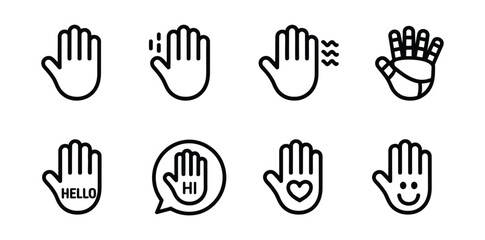 Greeting Hand Gesture Line Icon Set – Hello, Hi, Welcome and Waving Hand Outline Vector Symbols © MARUF 44