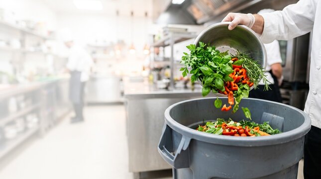 Chef discarding fresh vegetables into trash bin in restaurant kitchen
