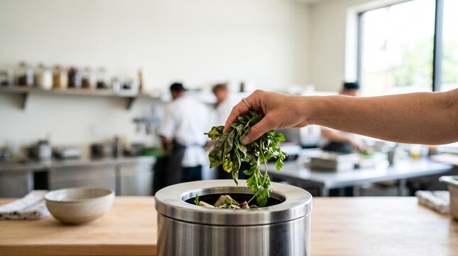 Hand disposing wilted green herbs into restaurant compost bin