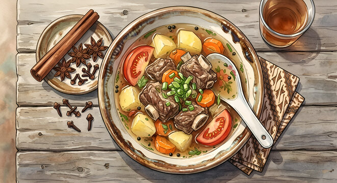 Indonesian Beef Rib Soup Sop Iga with Vegetables and Spices Watercolor