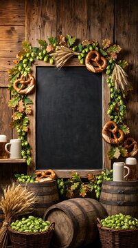 Rustic Oktoberfest Bavaria Menu Layout with Pretzels Hops and Wooden Barrels
