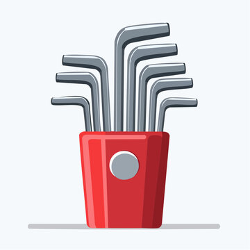 Minimalist vector illustration of a set of silver allen keys in a red holder.