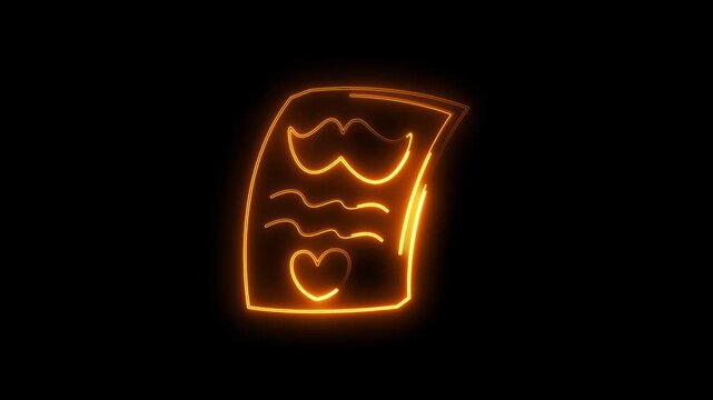 An illuminated orange neon outline of a document or letter featuring wavy lines a mustache and a heart symbol at the bottom on a black background Keywords: document letter neon light, glowing