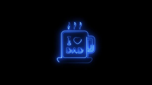 A glowing blue neon outline of a coffee mug with steam rising and the text I love Dad with a heart symbol on a black background Keywords: coffee mug steam, I love Dad, heart symbol, neon light
