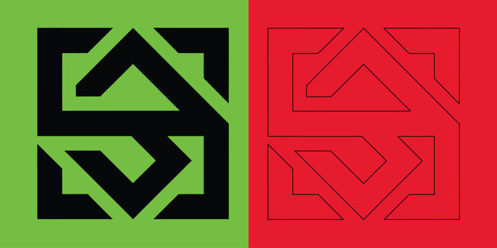 Interlocking square geometric pattern featuring bold black lines and matching thin outlines on green and red backgrounds