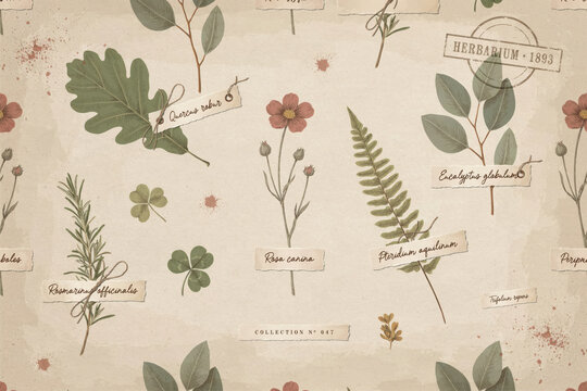 Botanical herbarium collection pattern with pressed leaves, flowers, and handwritten labels on a vintage aged paper texture background