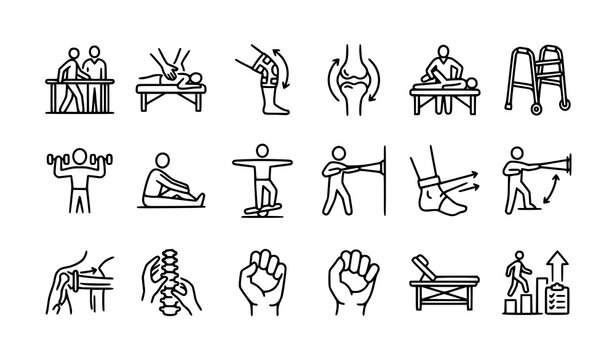 Rehabilitation after injuries icon set with gait training massage therapy knee recovery and joint treatment symbols