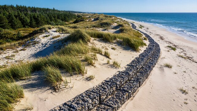 Coastal gabion rock wall protecting sand dunes from erosion along sunny ocean beach ideal for coastal management engineering business website banner environmental presentation and marketing