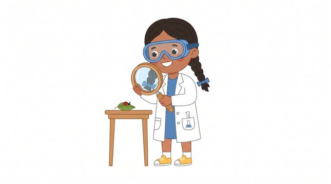 Cute black girl scientist looking through magnifying glass at plant sample illustration