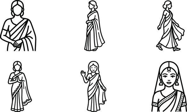 Indian Woman Wearing Traditional Saree Avatar Icon Set Featuring South Asian Ethnic Clothing, Namaste Greeting, and Indian Bride Line Art Vectors