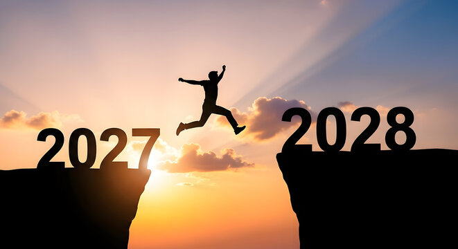 silhouette of people jumping : Person leaping from 2027 to 2028 on mountain cliffs at sunrise for new year