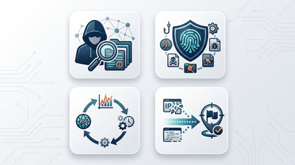 Cybersecurity threat detection and prevention icons with digital network elements. © King