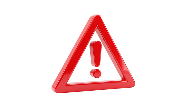 Red triangular warning sign with exclamation mark glossy 3d render on transparent background triangle