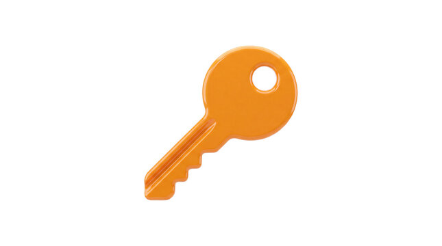 Orange metal key with detailed teeth and circular keyhole isolated on transparent background keys