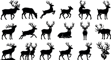 Obraz premium Reindeer Silhouette Icons Set of Black Woodland Animals for Winter Theme Design and Decorative Use Featuring Deer, Icon, Animal