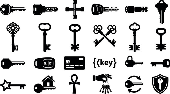 Key Silhouette Icon Set with Locks, Keys, Houses, Shields, Arrows, and Messaging Symbols for Security Concept Design