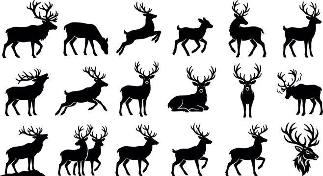 Reindeer Silhouette Icons Set of Black Woodland Animals for Winter Theme Design and Decorative Use Featuring Deer, Icon, Animal