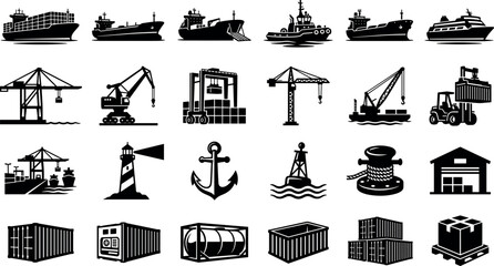 Shipyard Building Crane Anchor Lighthouse Container Port Cargo Shipping Transport Icons Set in Black Silhouette Style © Kamu2286 