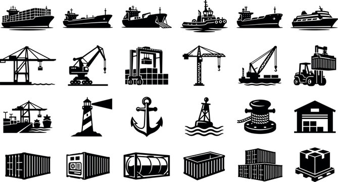 Shipyard Building Crane Anchor Lighthouse Container Port Cargo Shipping Transport Icons Set in Black Silhouette Style