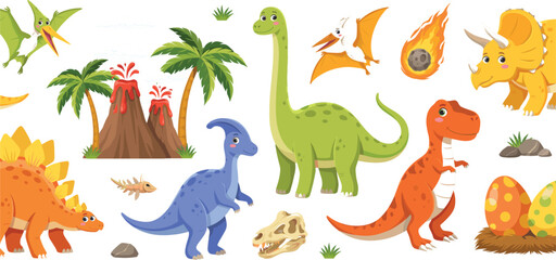Fototapeta premium Dinosaur Cartoon Vector Set Featuring Tyrannosaurus, Brachiosaurus, Triceratops, Stegosaurus, Parasaurolophus, Pterodactyl, Volcano, Fossils, and Prehistoric Illustrations