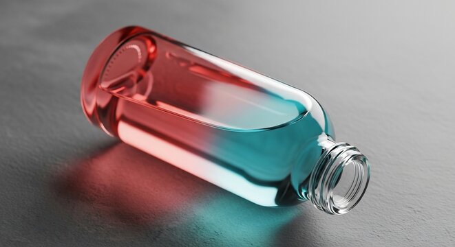 Empty transparent glass bottle with red and blue light reflection.