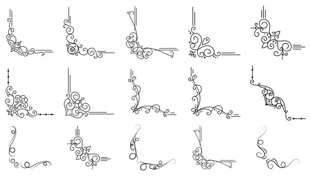 Collection of ornate black flourish corner accents with transparent background, decorative